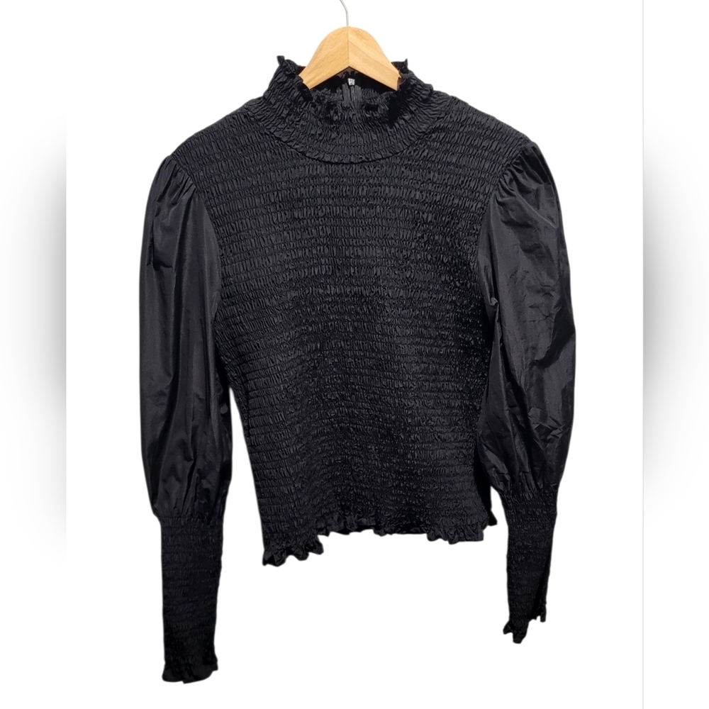 Veronica Beard Elsmere Smocked Puff Sleeve Blouse Black Size 6